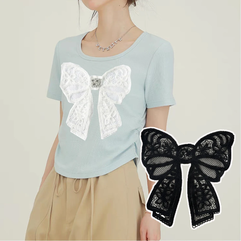 

Oversized Lace Bow Patches For Clothing Sew On T-Shirt Appliques White Embroidery Flowers Diy Clothing Accessories 20/30Cm