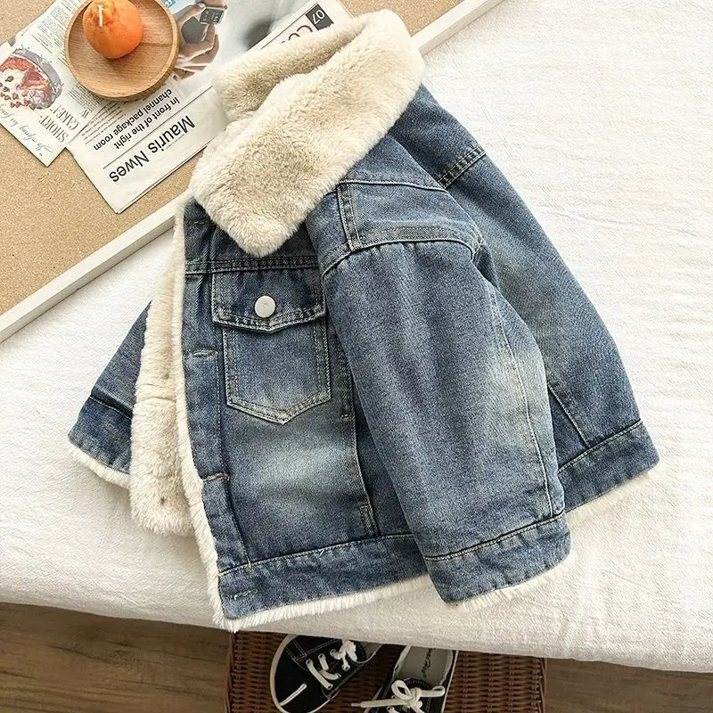 Boys Denim Plush Jacket  New Children's Autumn And Winter Overcoat Fashion Kids Outfit Thickened Top Baby Cool Winter Jacket