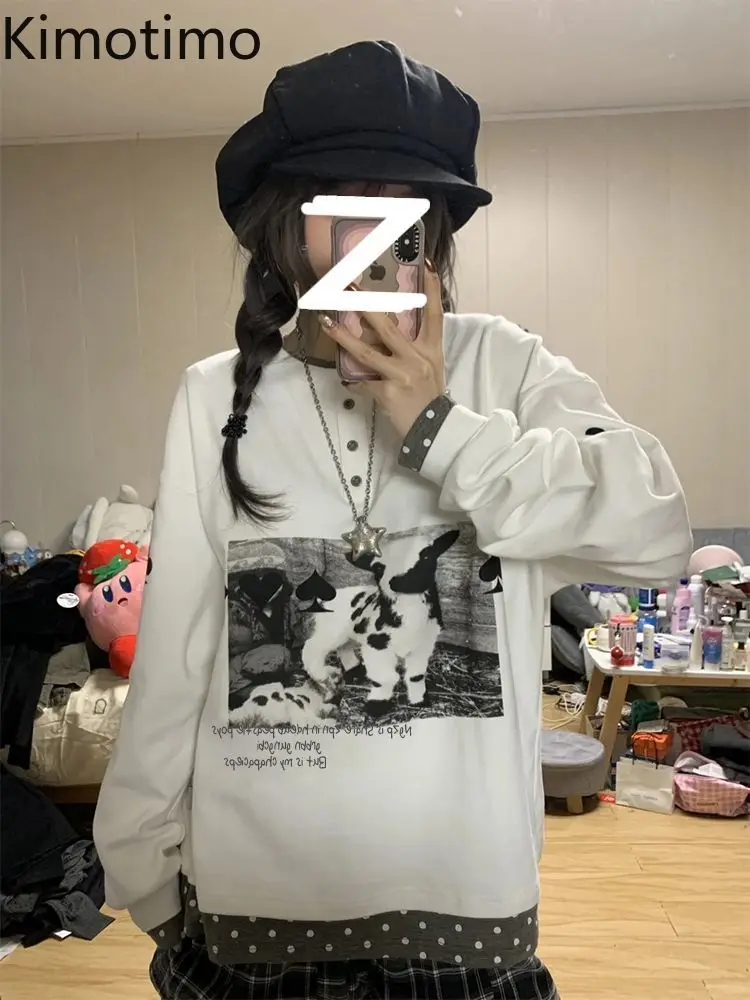 

Женская толстовка Kimotimo с принтом в американском стиле, имитация двухслойности, новинка 2026 года, свободный крой, длинный рукав, винтажный повседневный стиль Y2K, уличная мода