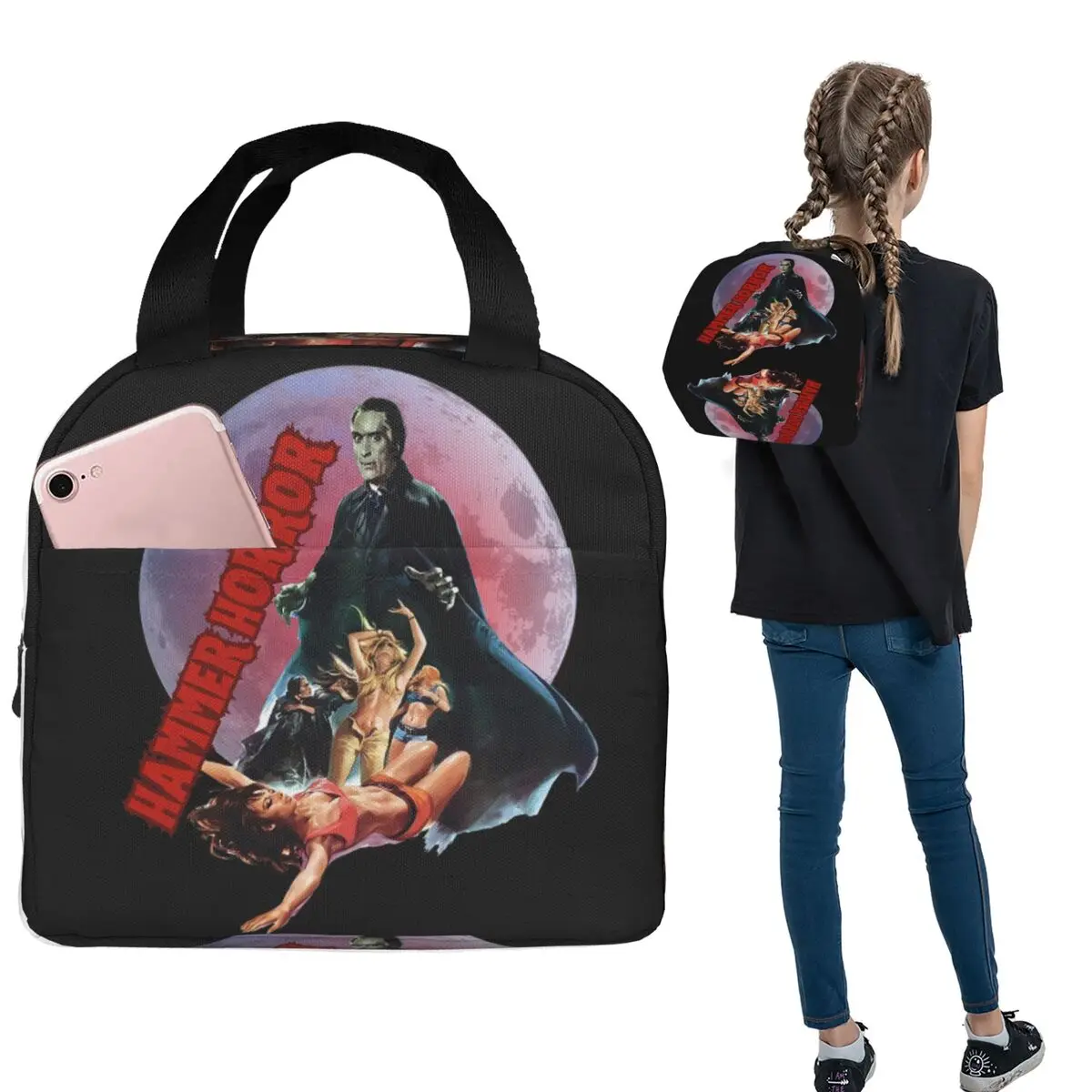 

Термосумка для обедов Hammer Horror для женщин и детей, портативная термосумка для еды, сумка-тоут для ланч-боксов