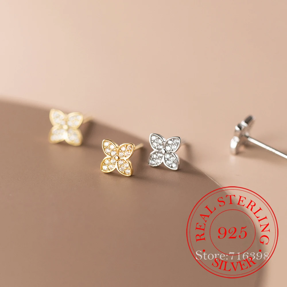 

S925 Sterling Silver Crystal 4-leaf Flower Stud Earrings For Women Kids 14K Gold Plated Ear Party Jewelry Gift Female Pendientes