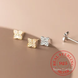 S925 Sterling Silver Crystal 4-leaf Flower Stud Earrings For Women Kids 14K Gold Plated Ear Party Jewelry Gift Female Pendientes