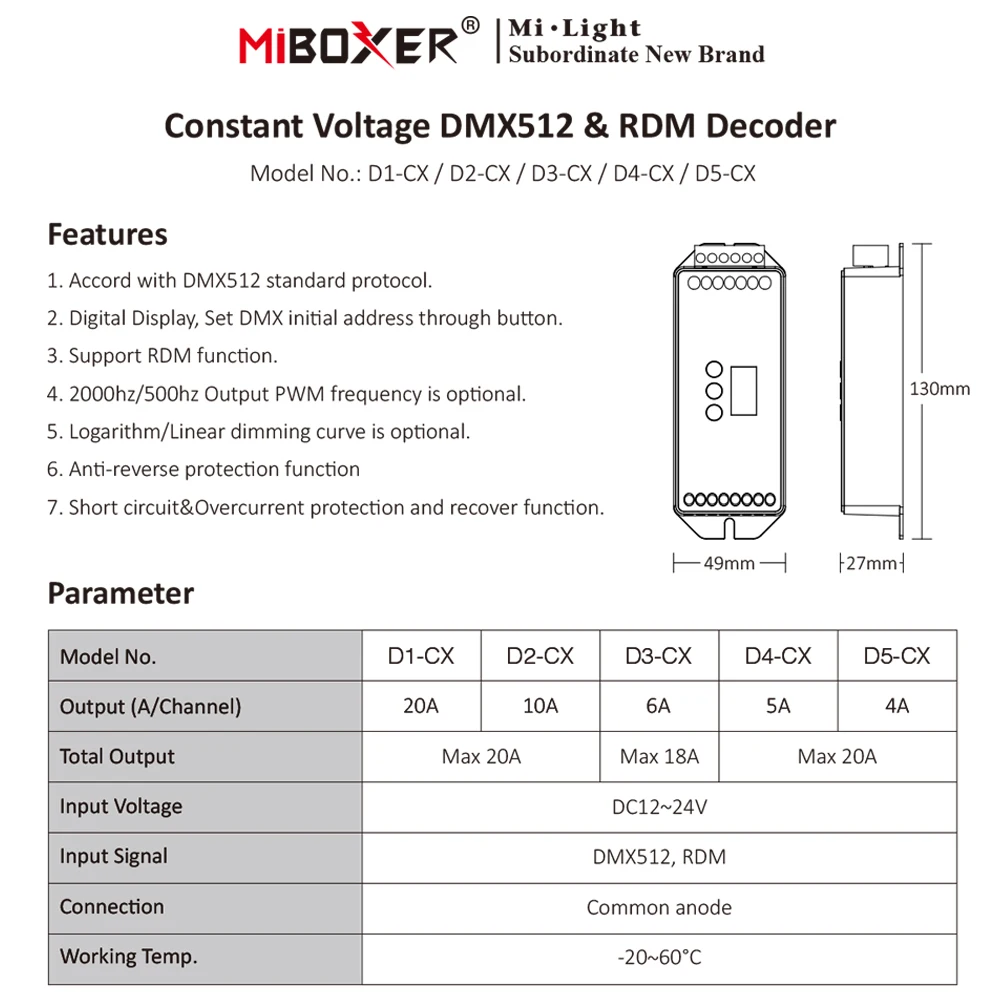 Miboxer D1-CX Decoder DMX512/RDM a tensione costante a 1-5 canali DC12-24V per striscia LED RGB RGBW RGBCCT a doppio colore bianco singolo