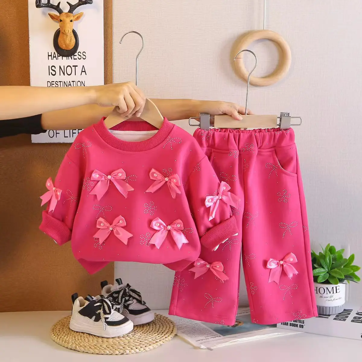 Girls Spring Set 2026 New Stylish Baby Girl Kids Spring Autumn Trendy Bow Knot Long Sleeve Two Piece Set