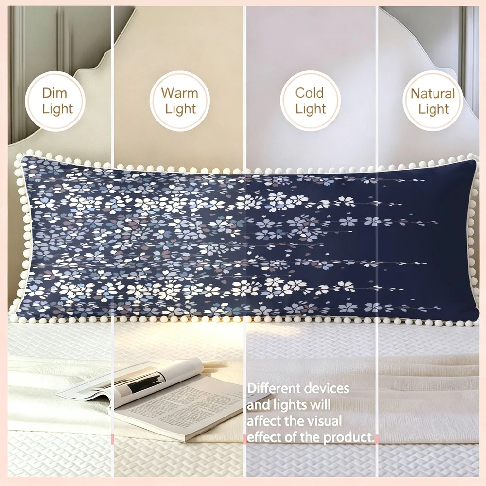 1PC Dark Blue Background with White Blue Small Wildflowers, Japanese Minimalist Floral Long Pillow Cover with Pom Pom Trim