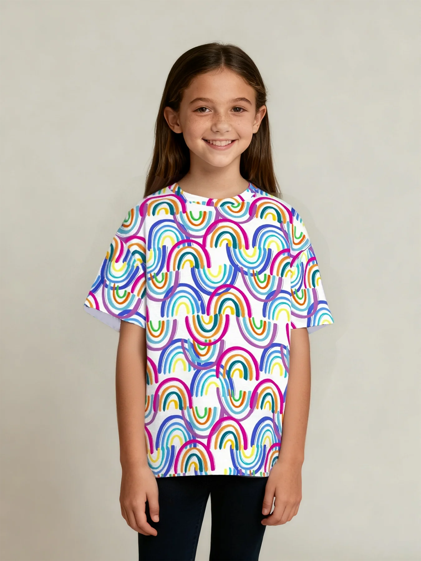 

Children's casual cute crew neck top, rainbow wave pattern girls short sleeves