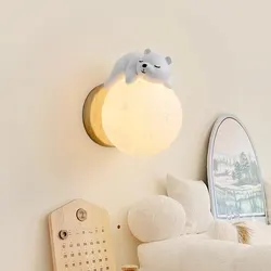 Lámpara de pared moderna y creativa para niños y niñas, luz nocturna ambiental para dormitorio, oso durmiente y luna