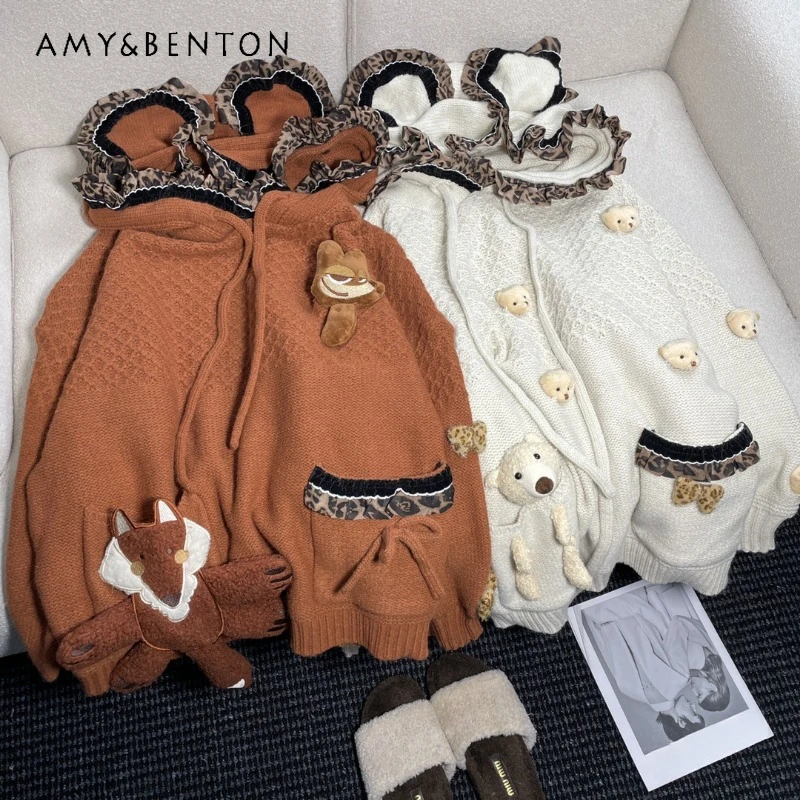 

Vintage College Design Lace Hooded Knitwear Autumn New 2024 Loose Three-dimensional Cartoon Temperament Knitted Sweater Pullover