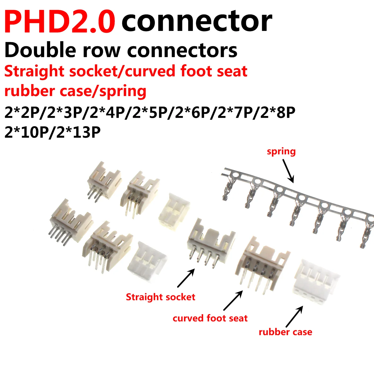 50/20set PHD 2.0MM Double Row 2X2/3/4/5/6/7/8/9/10pin PHD2.0 Connector Straight Curved Needle Plug Male Female Crimps