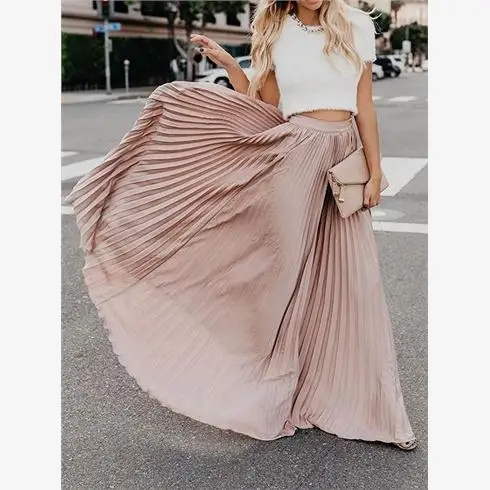 

209 New Faionable Pleated Maxi Skirt Women's f-length Four Colors Street Sle Pure Color A-line Silhouette Skirt