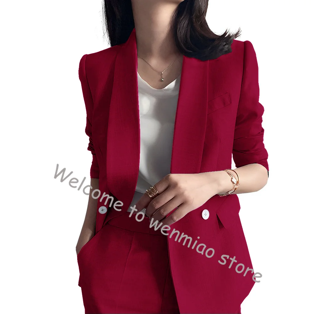 Burgundy Business Women\'s Suit 2 Piece Double Breasted Blazer Fashion Design Formal Jacket Pants Office Ladies Work Wear