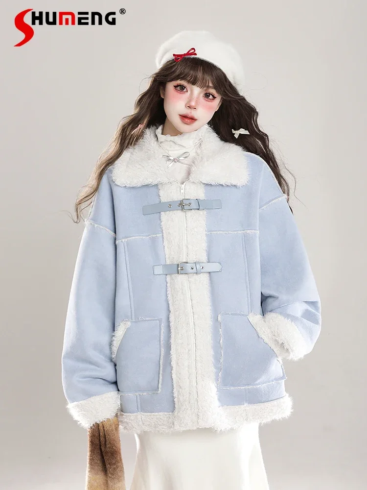 Korean Sweet Cool Motorcycle Girl Suede Fur Splicing Thick Coat Women Winter Loose Casual Lamb Wool Collar Plush Warm Jackets