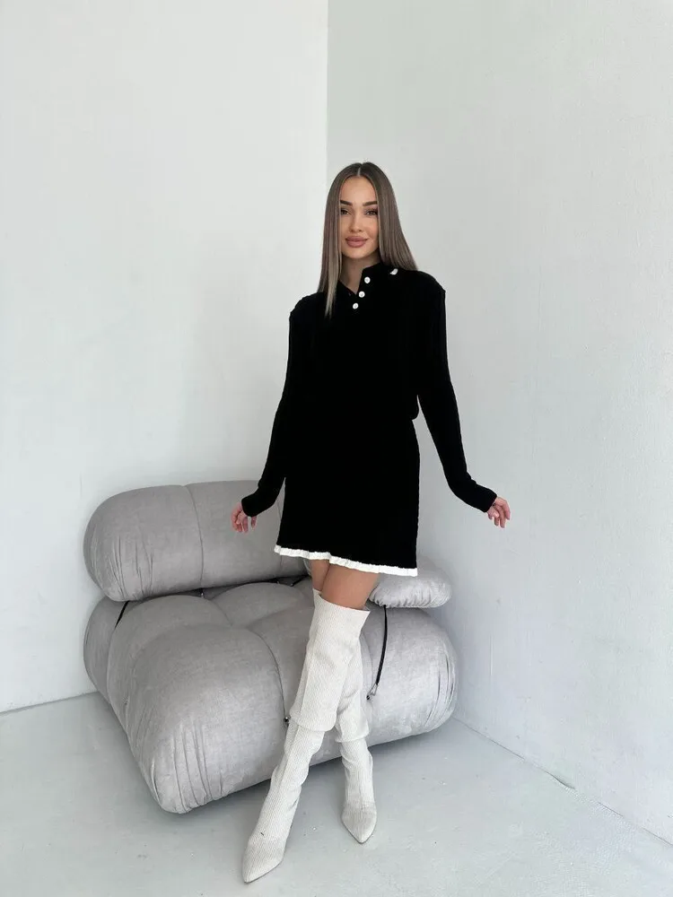 2024 New Long Sleeve Lapel Sweater And A-line Skirt Two Piece Set For Women Outfits Knit Pullovers Top Skirt Autumn Winter Sets