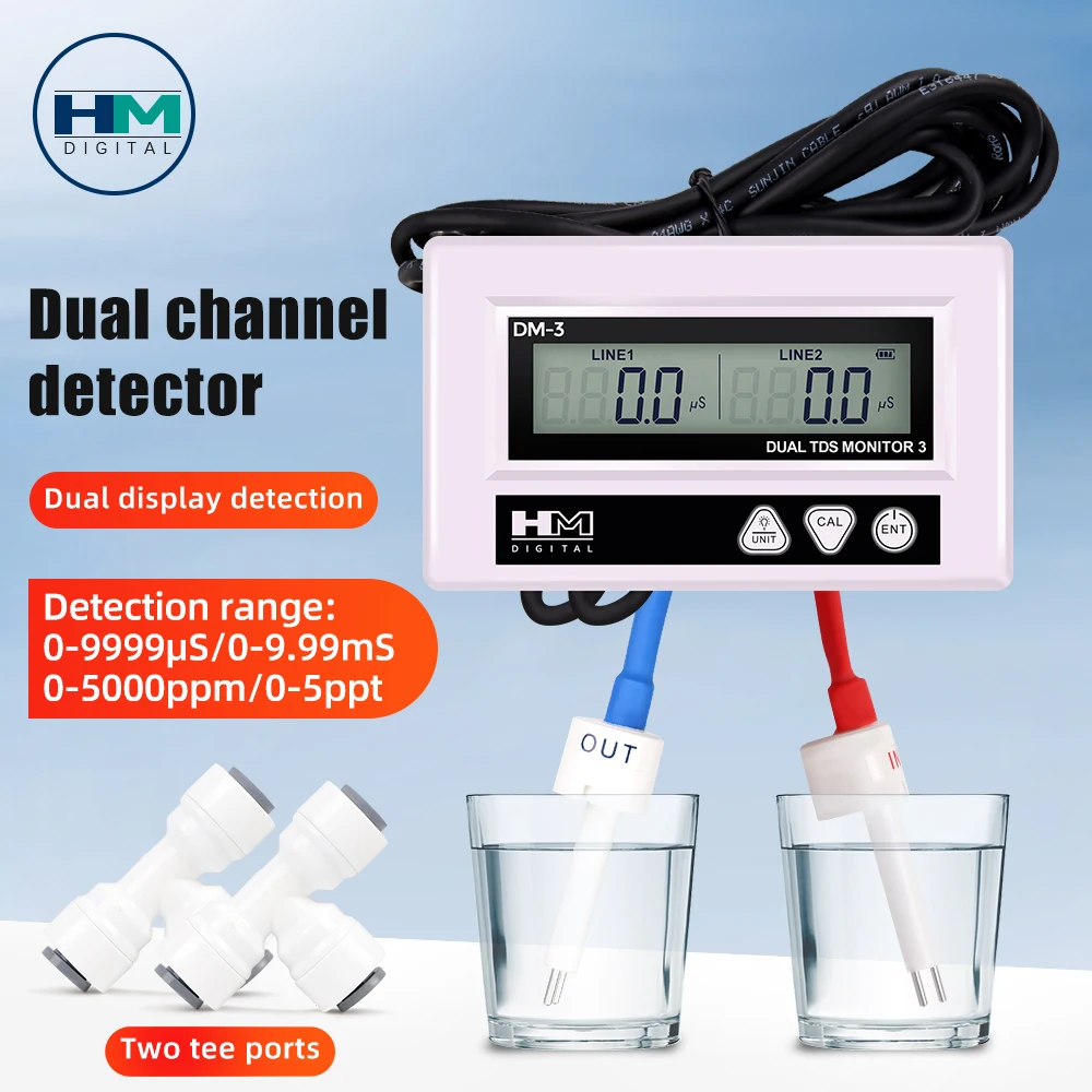 HM DM3 Digital Online Water Quality Tester LCD TDS Meter Dual Channel PPM Detection Inlet Outlet Test for Pool Laboratory