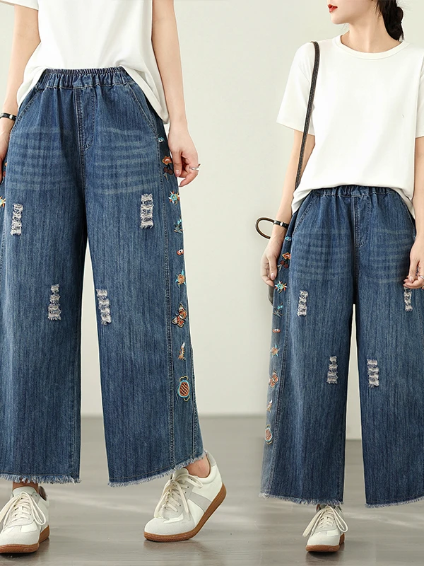 Calças Jeans Fenas Retro com Cintura Elástica Bordadas com Flores Largas e Soltas Corte Reto Casual para a Primavera em D...