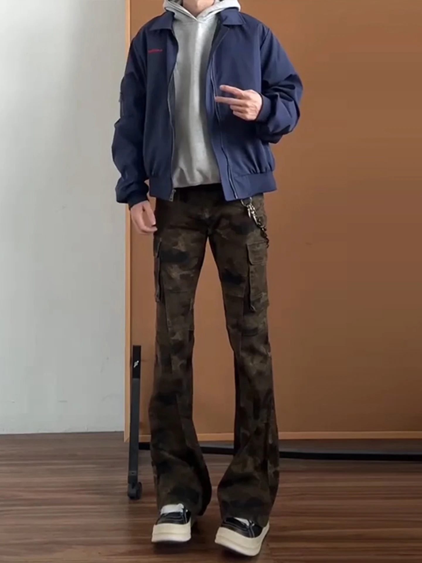 

Мужские камуфляжные джинсы-колокольчики, осенне-зимние брюки для спецодежды Fce, утягивающие прямые джинсовые джинсы в американском стиле ретро