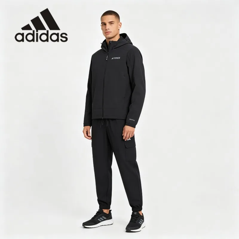 Premium Adidas Men Athletic Wind Suit Water Repellent Hood Coat Tapered Joggers Casual Daily Sport Outfit One Set JE8282 +JF3538