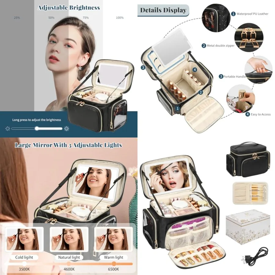 

Makeup Bag with LED Mirror, Travel Makeup Bag Organizer for Women Girls with Makeup Brush Compartment and Two Side Pockets, 3 C