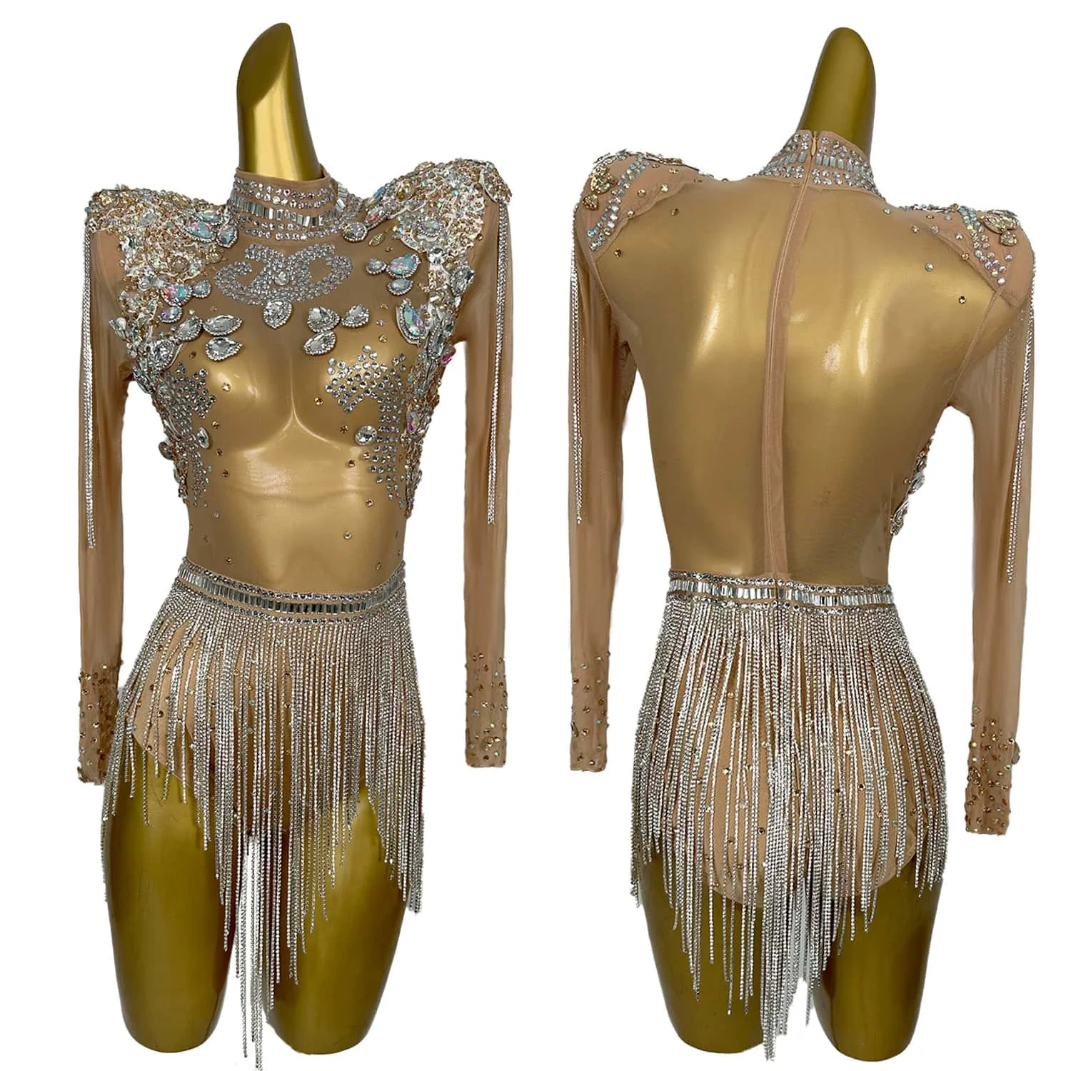 Sparkly Sheer Drill Fringe Women Bodysuits Luxury Gemstone Party Birthday Stage Performance Drag Queen Costume Bolihuanghou