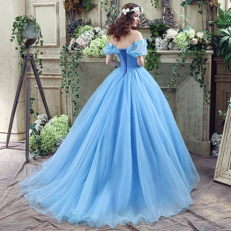 New Vestidos Blue Quinceanera Dress With Trian Elegant Off Shoulder Ball Gown Party Dress Plus Size Prom Gown Sweet butterfly