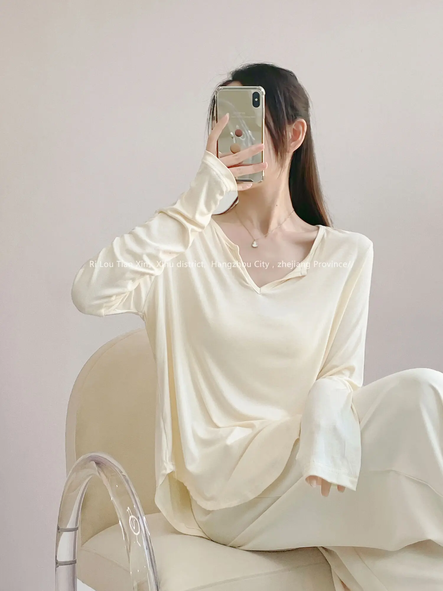 تي شيرت نسائي فضفاض بأكمام طويلة ، ترفيهي متعدد الاستخدامات ، قمة متوسطة الطول ، رقبة حرف V رفيعة ، ترفيه ، طراز سبات جلدي جديد ، الربيع ، الصيف ، F126 #2