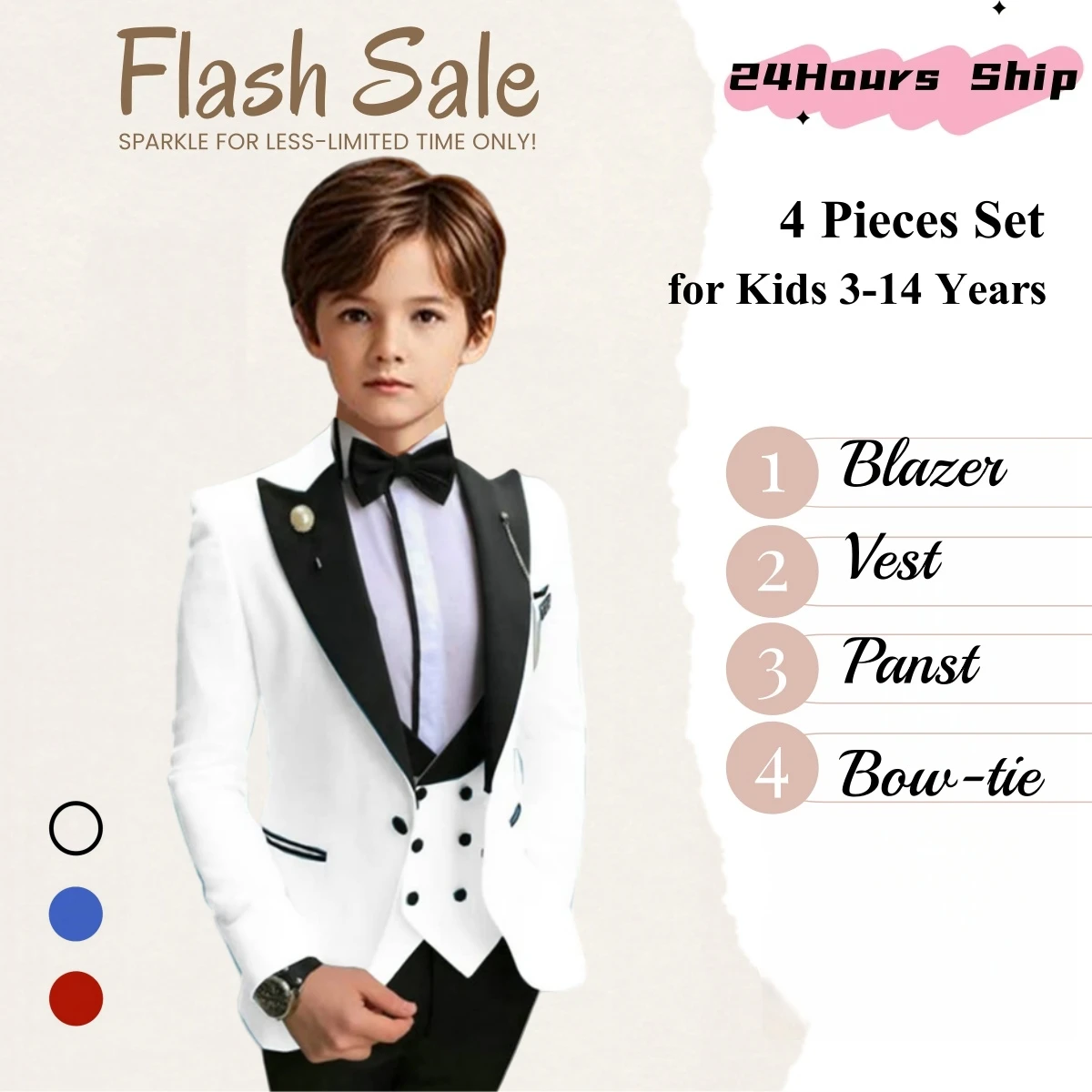 

Four Pieces Suit Set for Kids 3-14 Years - Back to School Party Outfit - Blazer Vest Pants Bowtie Tuxedo Pants - Wedding Suits