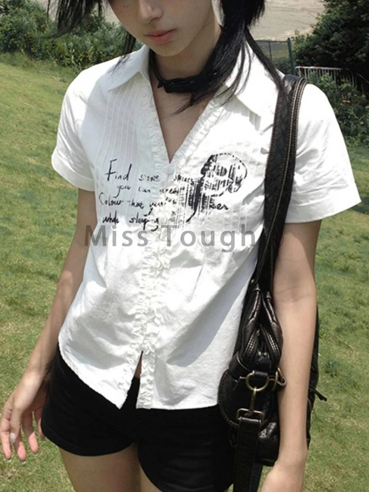 Karrram Y2k Aesthetics Pleated Shirt Grunge Gothic Skull Print White Shirts Trashy 2000s Style V-neck Blouses Japanese Harajuku