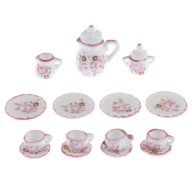 15 Pçs/set 1:12 Casa de Bonecas Miniatura Talheres Porcelana Cerâmica Conjunto de Xícaras de Chá Brinquedos