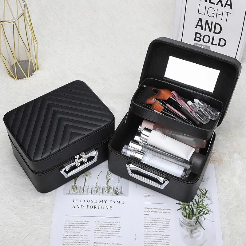 Black PU Waterproof Makeup Bag Large Capacity Double Layer with MirrorCosmetic Storage Bags Portable Travel Box Handbags