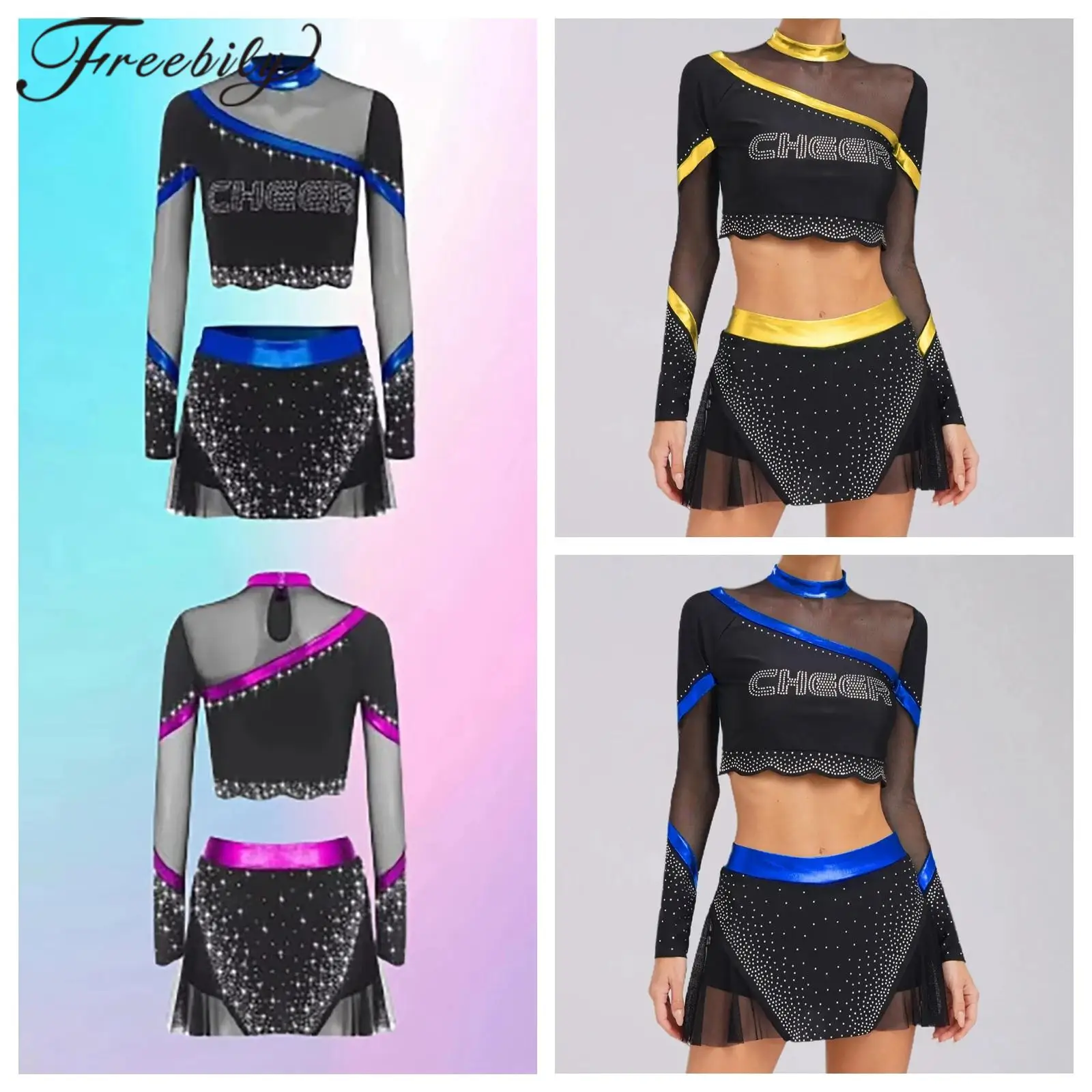 

Cheerleader Costume Girl Dance Outfits Woman Long Sleeve Cheerleading Uniforms Cheerlead Dancewear Adults Rhinestone Match Suit