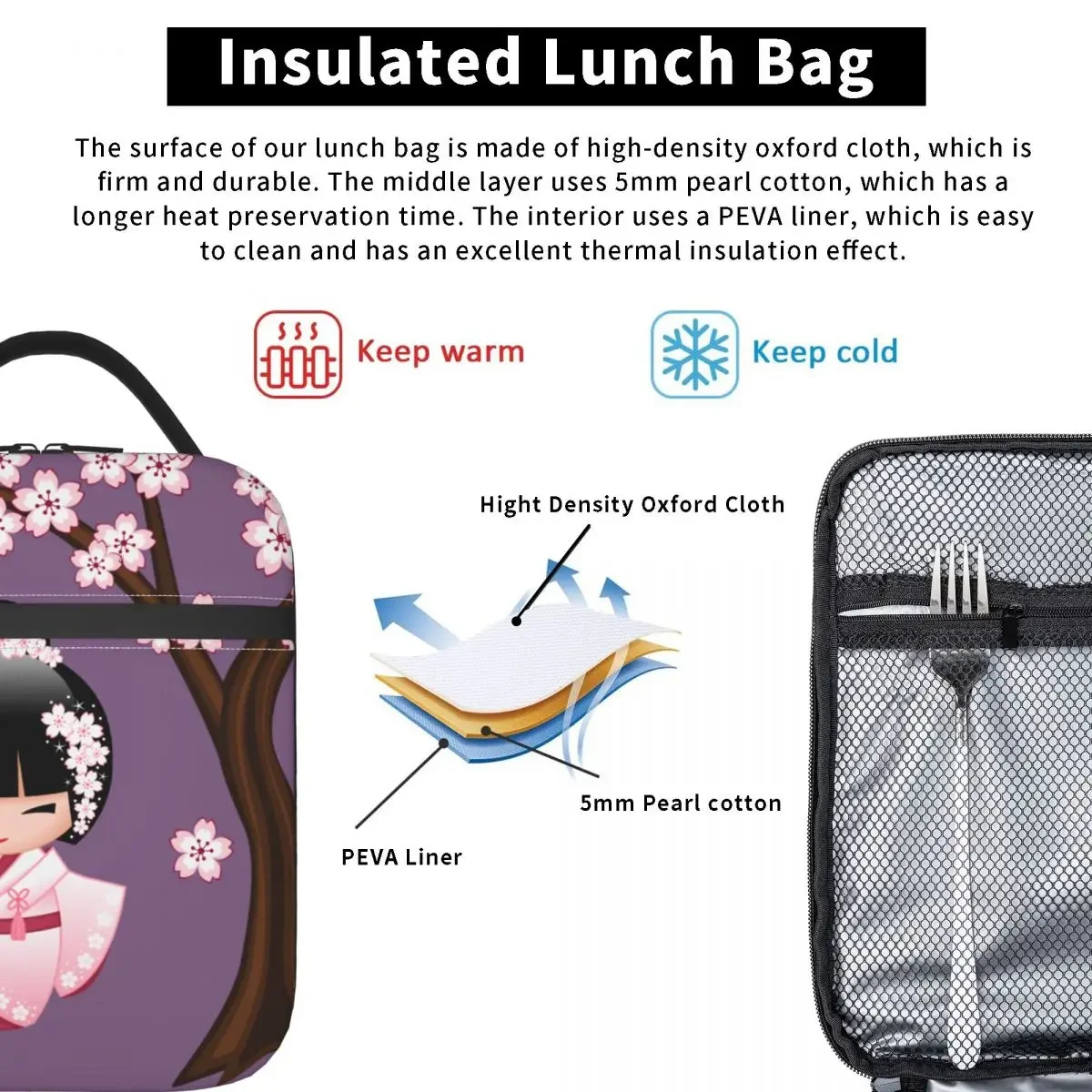 White Kimono Kokeshi Doll Insulated Lunch Bag Cute Geisha Girl Storage Food Box Portable Cooler Thermal Lunch Boxes For School