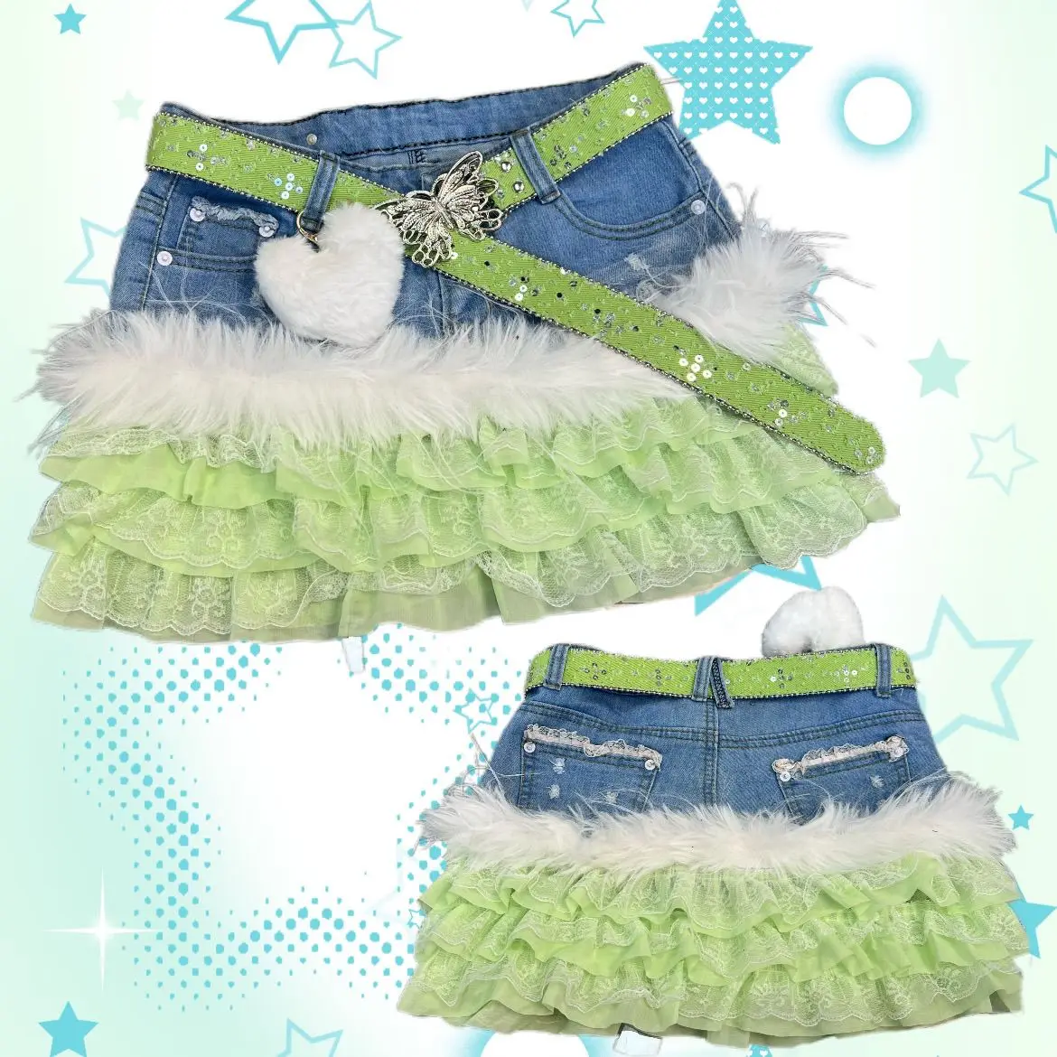 Y2K Vintage Retro Cute Sweet Denim Patchwork Mini Skirt Puff Skirts High Street with Sequined Belt Casual Fashion Summer 2026