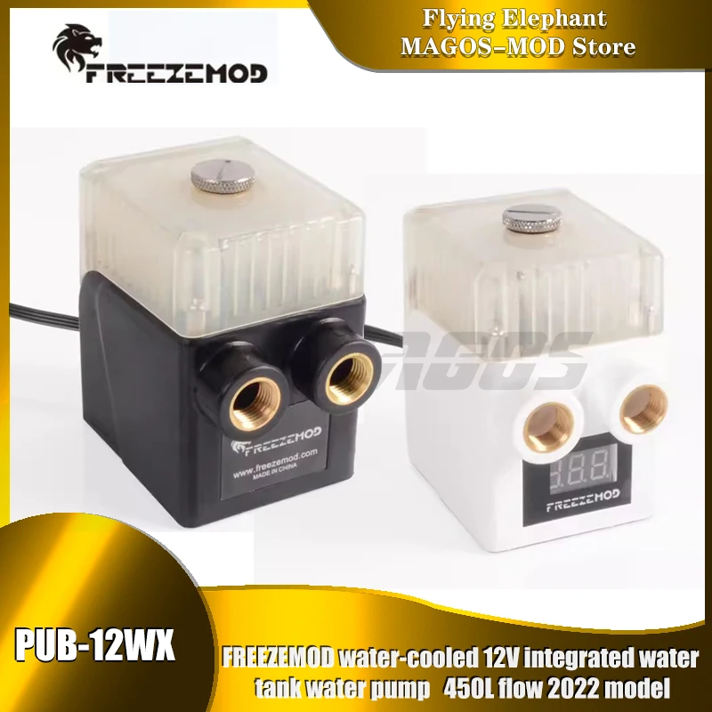 

FREEZEMOD Квадратный насос Res, подъемный поток 3M, 450 л/ч, дисплей термометра на выбор, отверстие G1/4 дюйма X3, черный/белый PUB-12WX