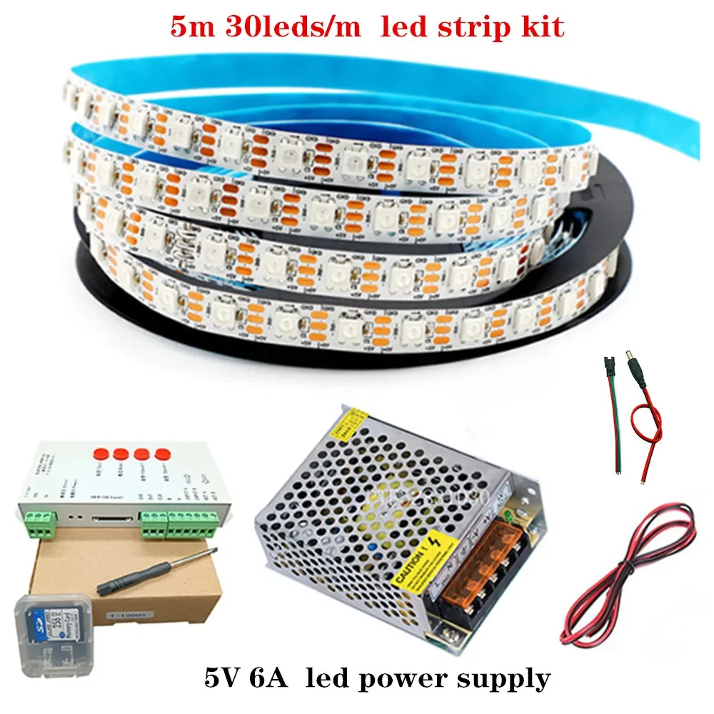 WS2812B WS2812 RGB Led Strip Light Tape T-1000S SD Card Pixels RGB Led Controller DC5V Led Transformer Kit 5m 10m