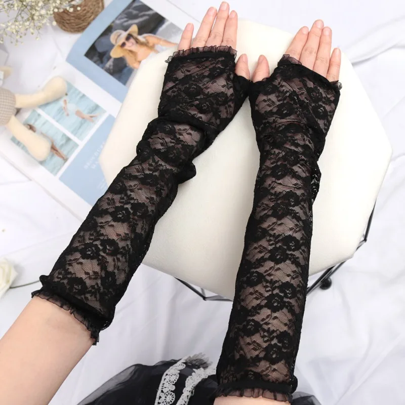 Lange Spitze ausgehöhlte finger lose Handschuhe Sonnenschutz ärmel Mesh Spitze dünne Radfahren sexy Accessoires schwarze nackte Finger handschuhe