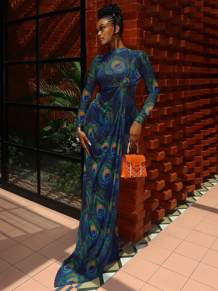 Cutenew Trend Mesh Dress Women Elegant Peacock Print Bandage Ring Decoration Ruched New Prom Party Stretch Slim Maxi Bodycon