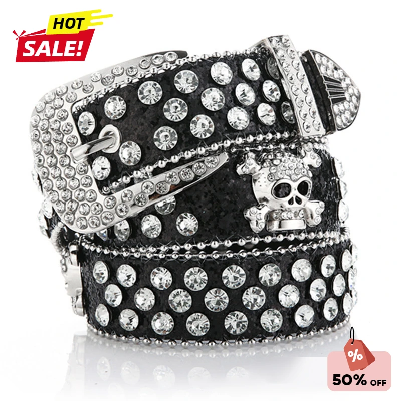 

2024 New 3.3CM Women's Skull Rhinestone European and American Style Women's Belt Extended Belt Denim Style Outdoor Belt