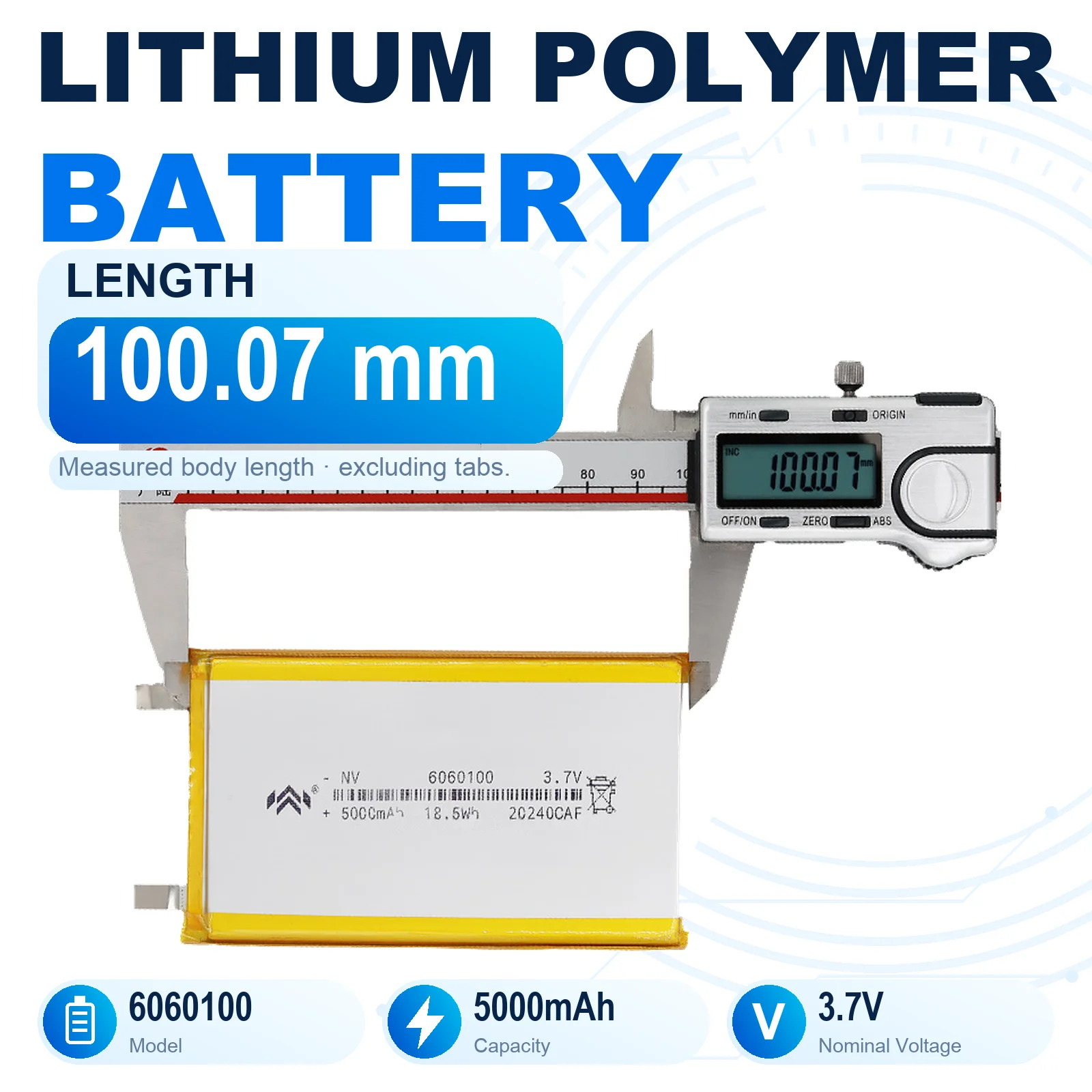 6060100 3.7V 5000mAh Rechargeable LiPo Battery 6x60x100mm Lithium Polymer Pouch Cell with Flat Metal Tabs