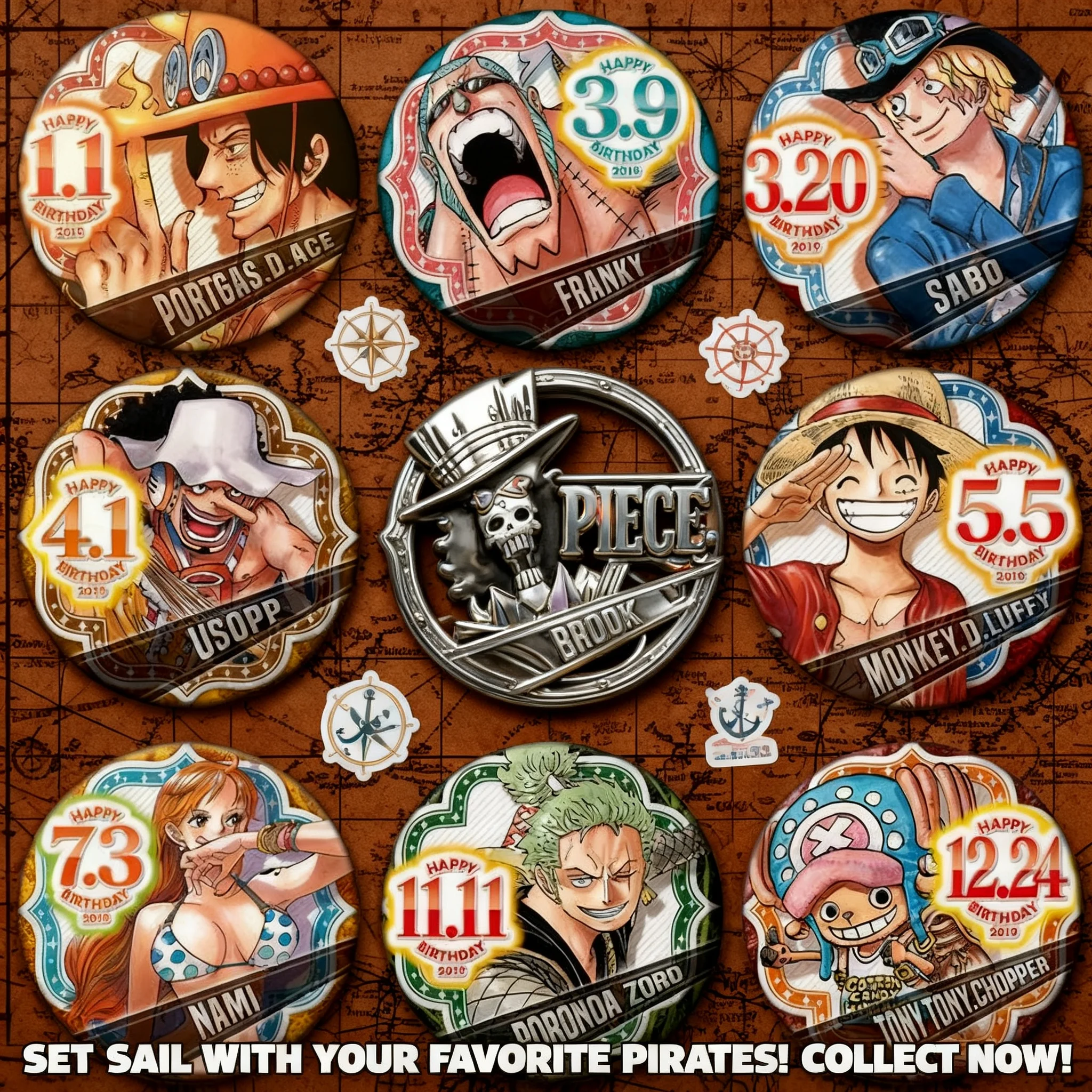 

One Piece 2019 Birthday Badge Anime Cosplay Backpack Keychain Luffy Zoro Law Action Figure Merchandise Collection Gift for Fans