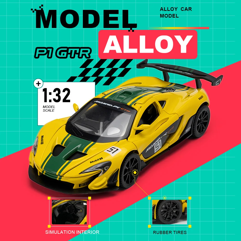 

Масштабная модель спортивного автомобиля P1 GTR 750S 1:32, металлическая, литая, с открывающимися дверями, резиновыми шинами и акриловой коробкой, суперкар для мальчиков, подарок