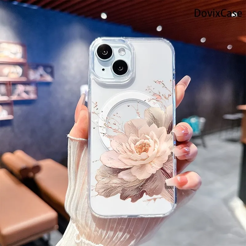 Coque de téléphone vintage à motif pivoine pour iPhone 17 16 15 14 13 12 11 Pro XS Max XR Plus Mini Air 16e 17e, coque arrière magnétique MagSafe