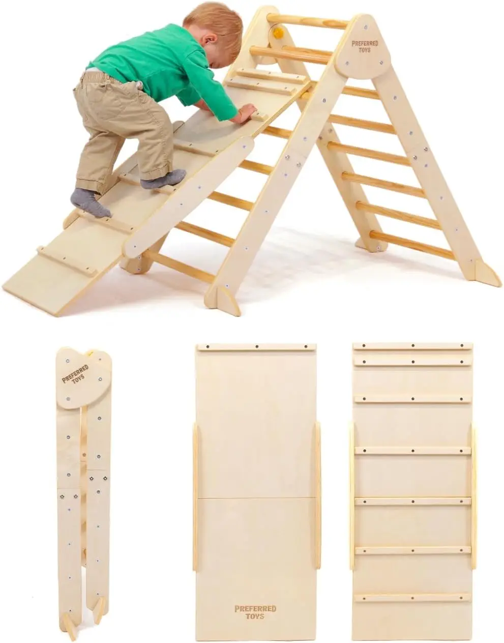 

Triangle - 3 in 1 Montessori Climbing Set with Slide and Wooden Climber Wall - Foldable Kids Indoor Play Equipment Gym fo