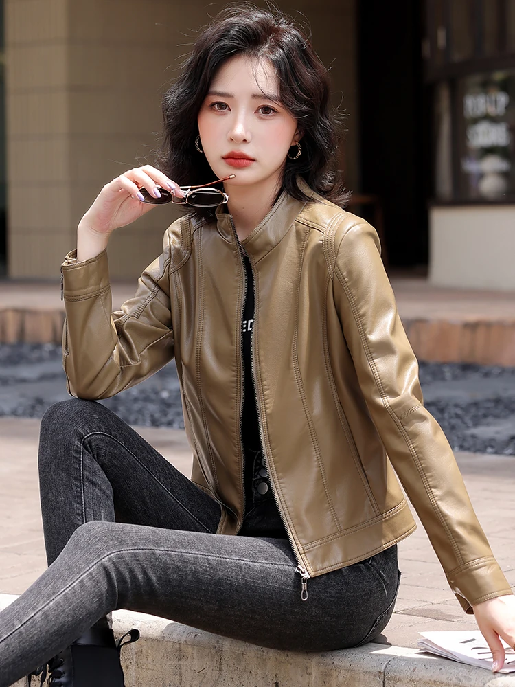   Ning 本物の羊革レザージャケット女性用ショートスリーブ春新作韓国版スリムフィットスタンドカラーコート