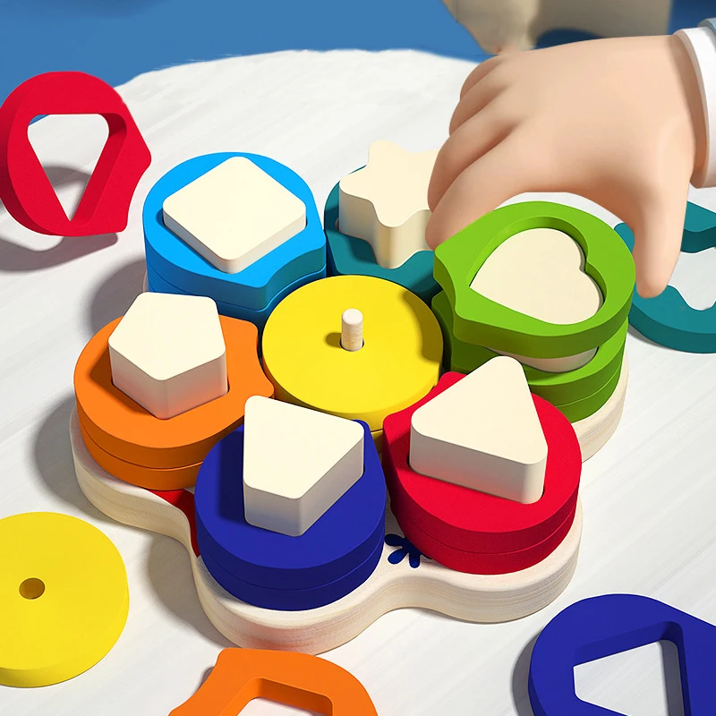 Kid Montessori Toys Colorful Wooden Flower Shape Stacking Toys Children Early Educational Wood Blocks Geometry Puzzle Game Toy