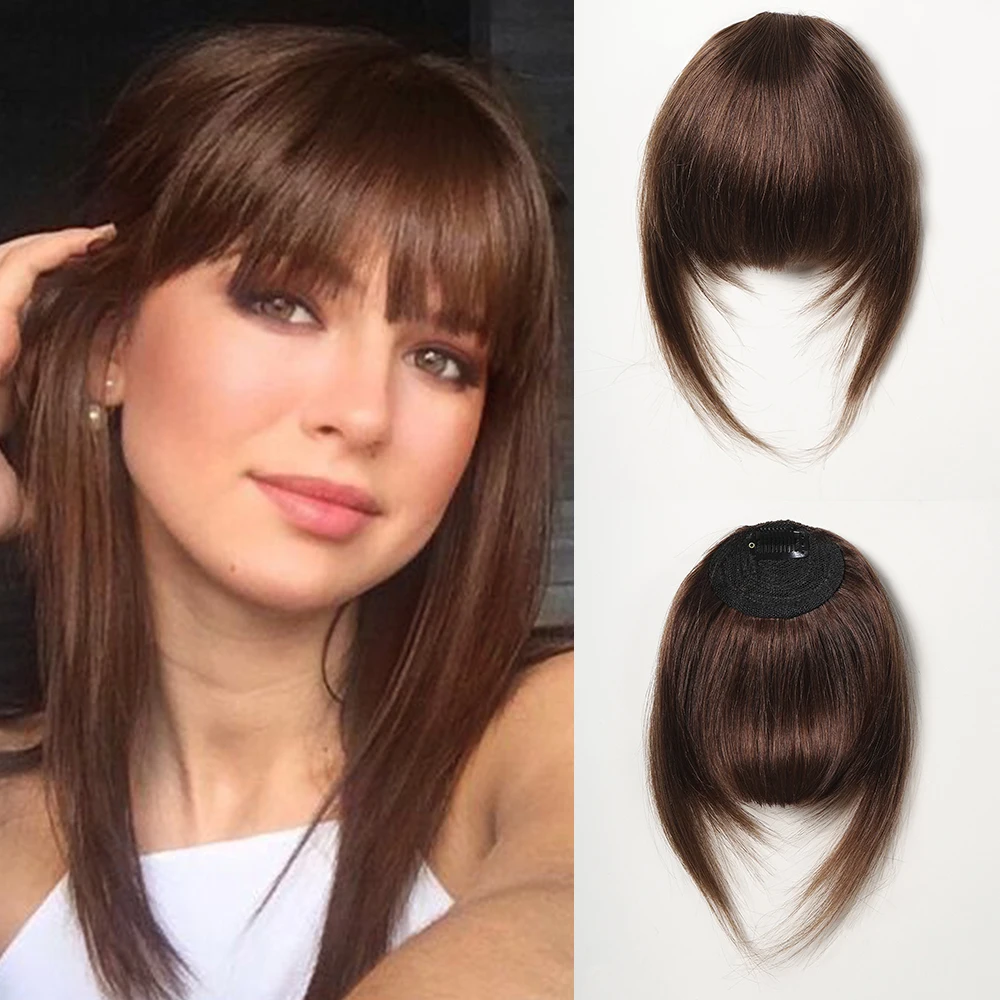 Brown Human Hair Bangs for Women Clip on French Bangs Hair Extensions for Daily Wear 100% Human Blunt Cut Wispy Bangs Hairpiece