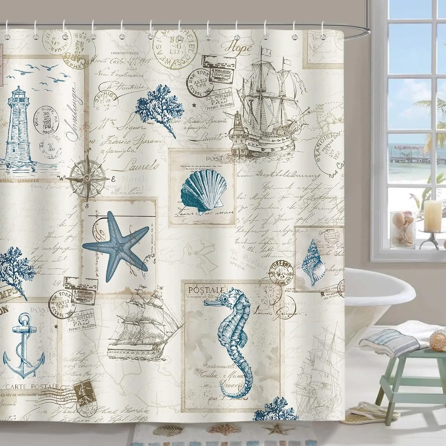 

Vintage Ocean Beach Seashell Seahorse Lighthouse Bathroom Decor Polyester Fabric Waterproof Bath Curtain with 12 Hooks