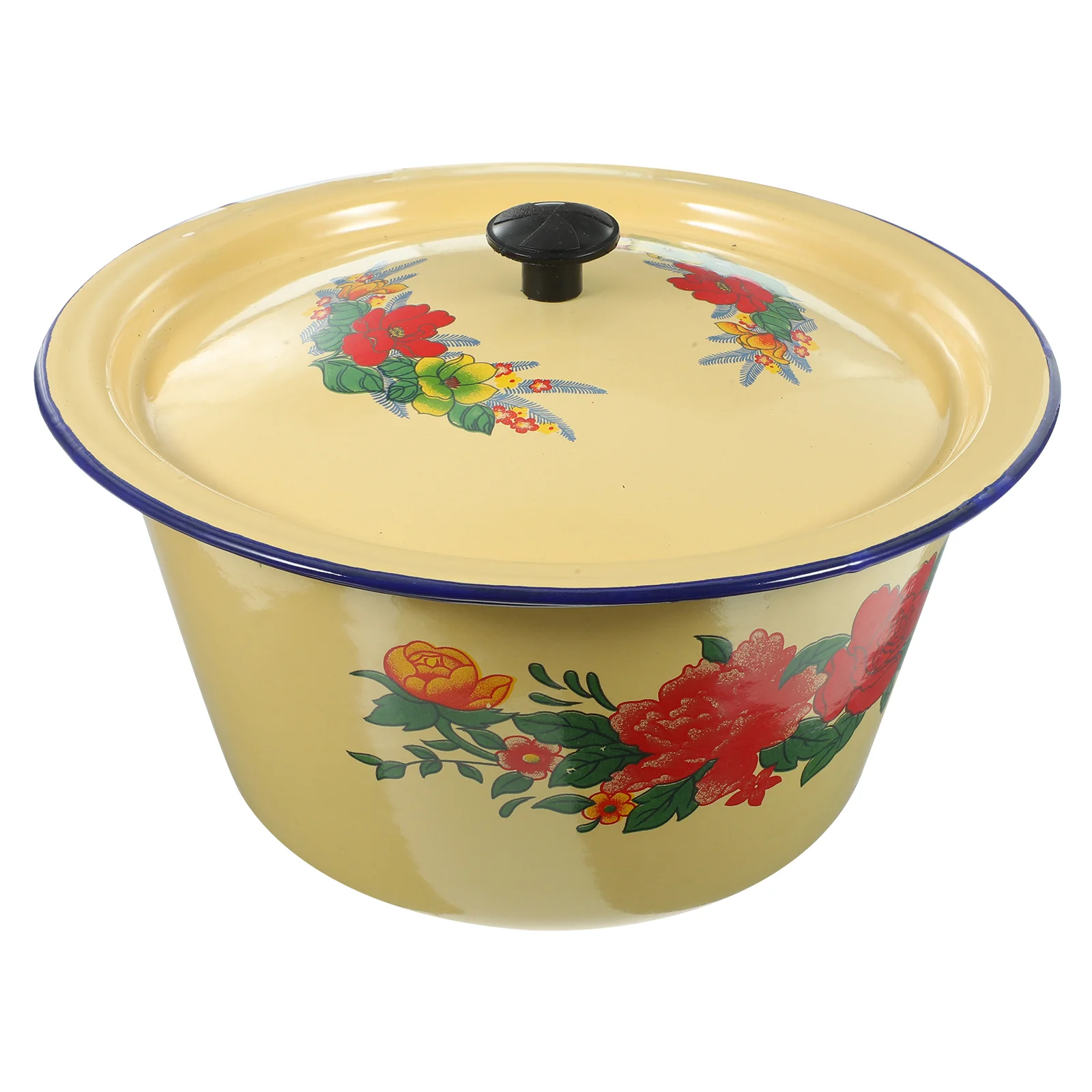 

Vintage Food Pot Chinese Style Basin Enamel Mixing Washing with Cover Kitchen Enamels Supply Soup Bowls