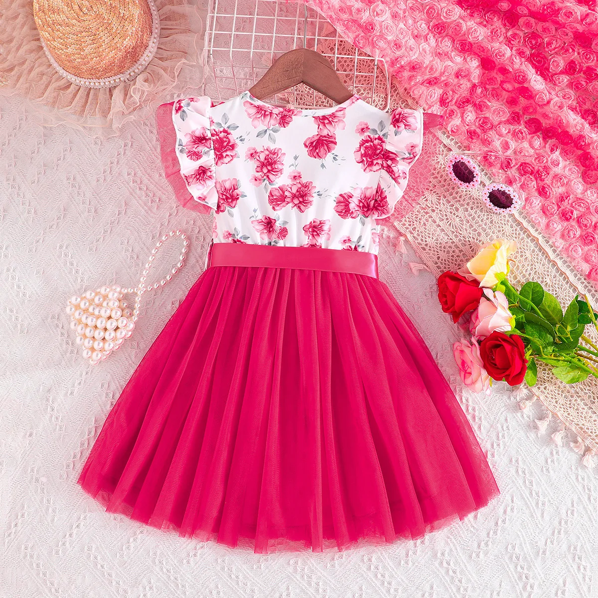 2024 Summer New Arrival Girls Sleeveless O Neck Ruffles Print Floral Rose Red Designer Cute Party Princess Dress Custume 4-9T