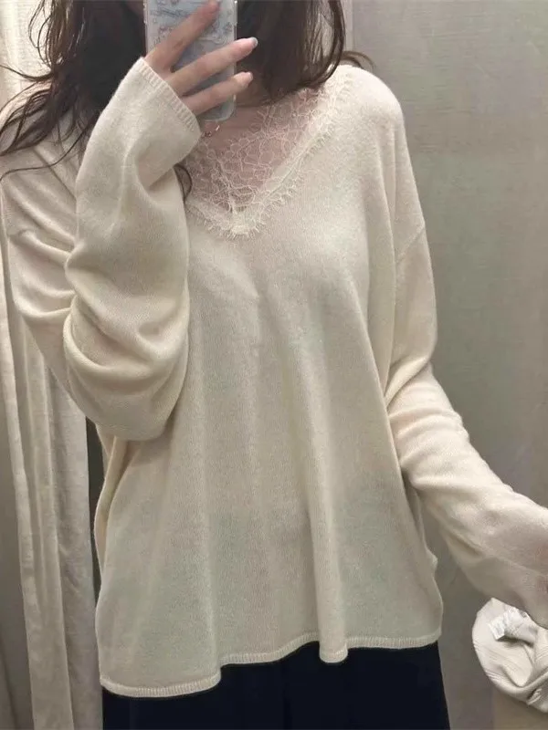 الحلو Faionable فضفاض V-Ne الدانتيل لصق طويل Sve محبوك سترة الخريف جديد وصول المرأة عادية Sle ألياف البوليستر #2