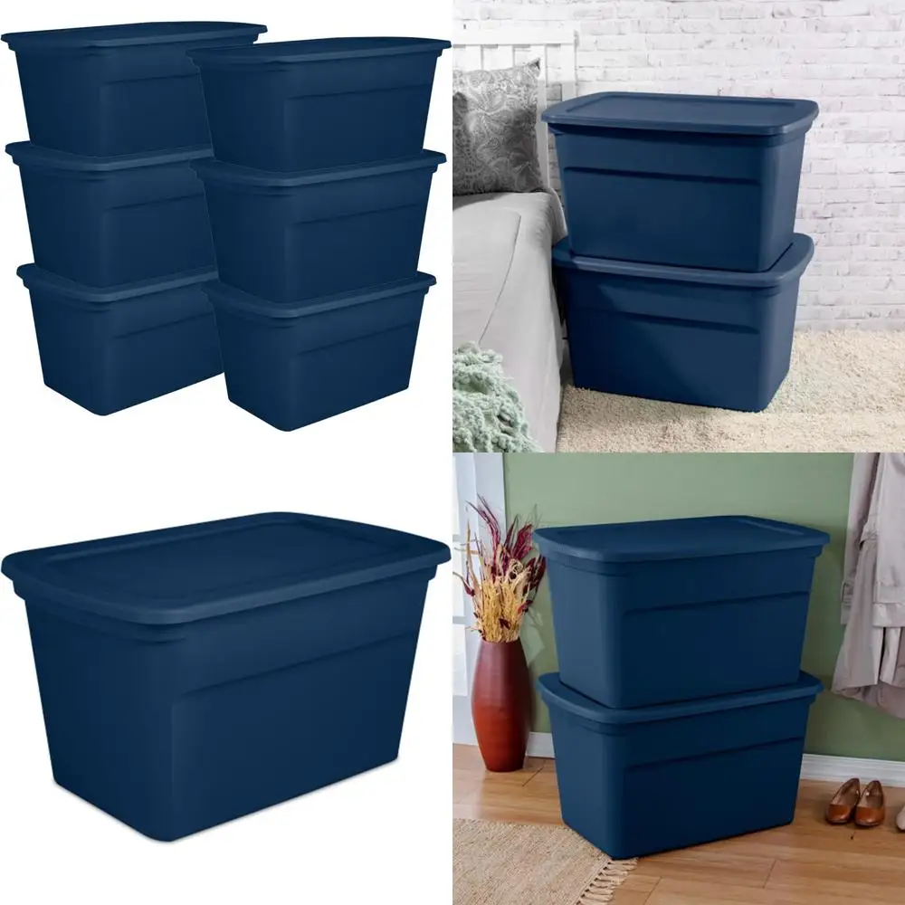 صناديق تخزين بلاستيكية مكونة من 6 قطع، سعة 30 جالونًا، منظمات منزلية قابلة للتكديس مع أغطية كبس ومقابض مصبوبة، أزرق بحري لـ